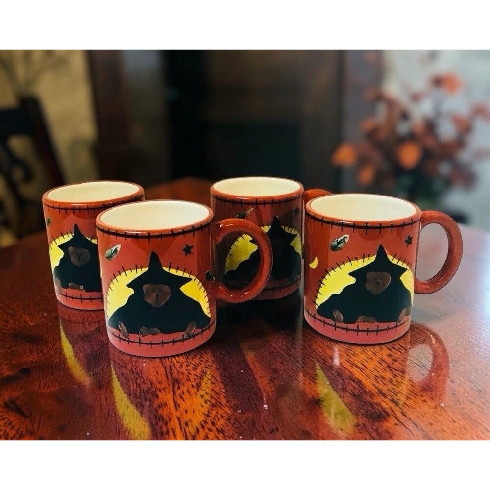 Boyds Bears Halloween "Bruin Up Trouble" Mugs rare Set Of 4 Orange W/Box Vintage
